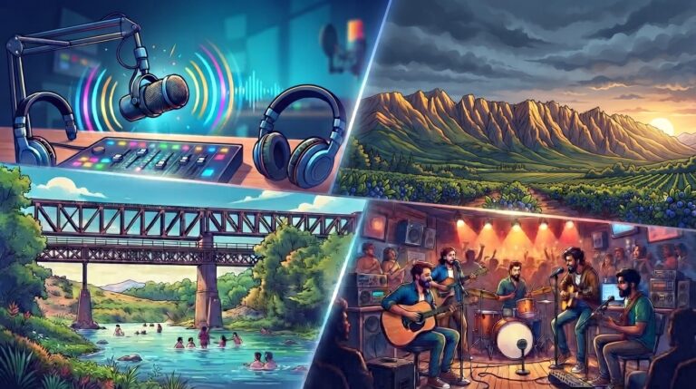 Programación collage del rio xanaes en despeñaderos, el piltriquitron en el bolson, musicos tocando y un estudio de radio